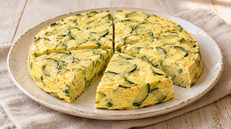 Frittata spessa cotta al vapore tagliata a spicchi con zucchine, superficie chiara non dorata