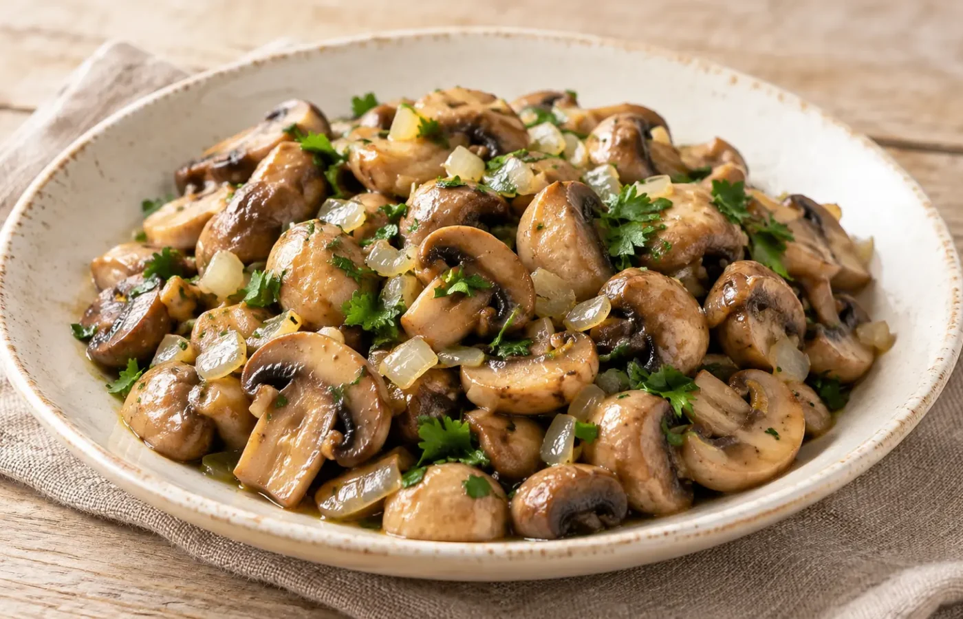 Funghi champignon cotti con piccoli pezzi di cipolla, prezzemolo tritato