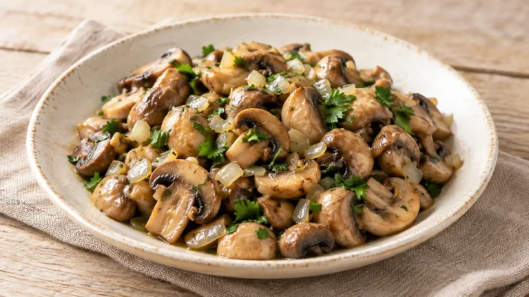 Funghi champignon cotti con piccoli pezzi di cipolla, prezzemolo tritato