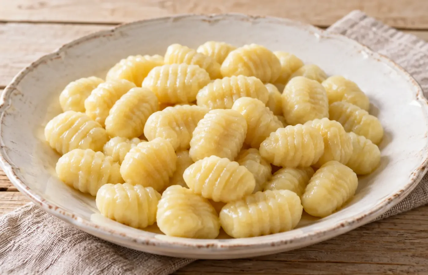 Gnocchi di patate rigati appena cotti, senza condimento, in piatto chiaro