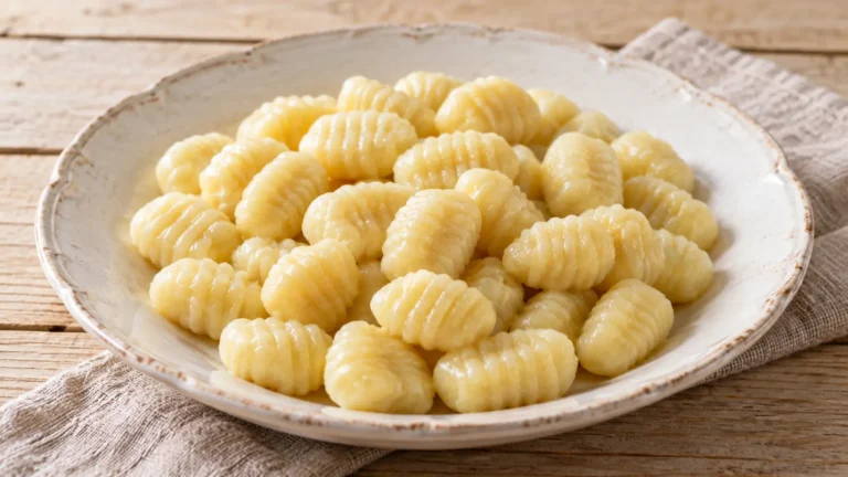 Gnocchi di patate rigati appena cotti, senza condimento, in piatto chiaro