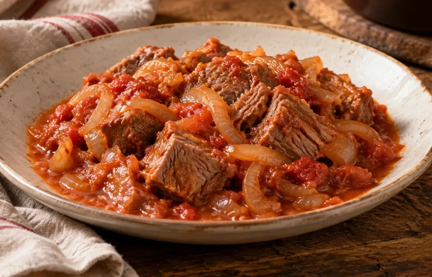 Bocconi di lesso alla picchiapò con cipolle stufate e salsa di pomodoro in un piatto rustico
