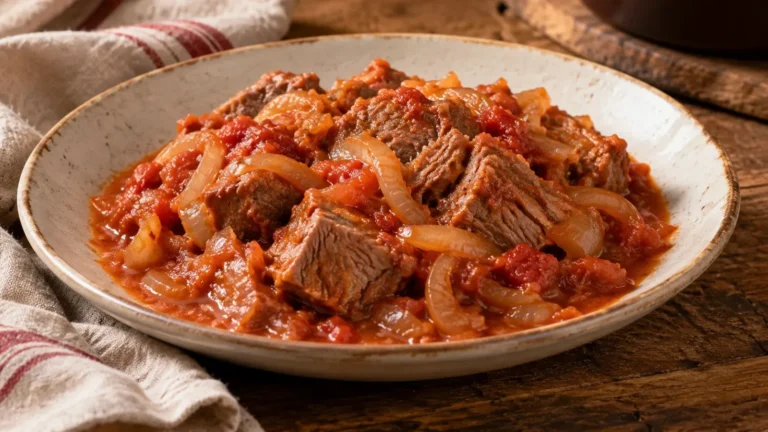 Bocconi di lesso alla picchiapò con cipolle stufate e salsa di pomodoro in un piatto rustico