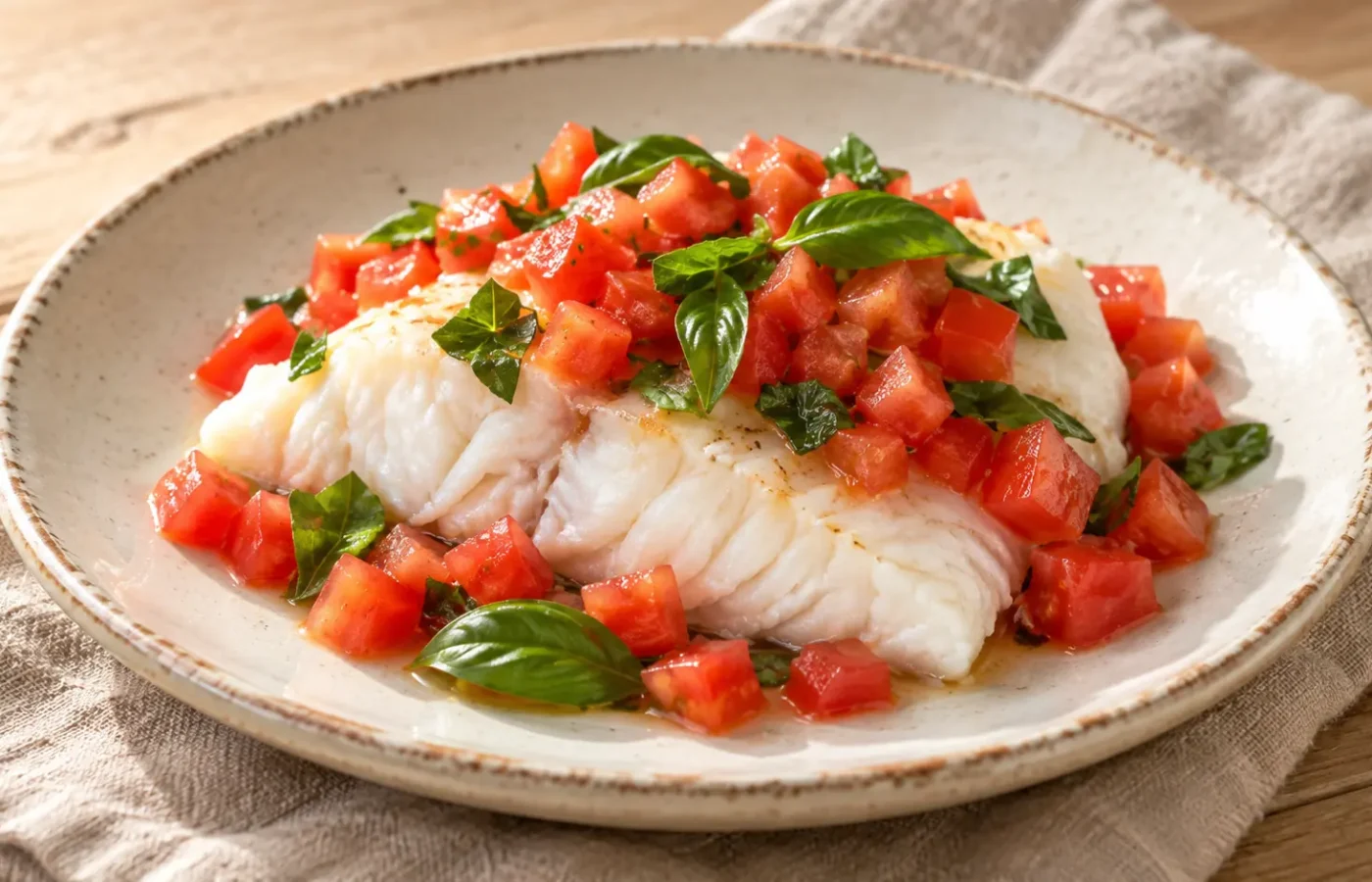 Filetto di merluzzo bianco cotto al vapore con pomodori a cubetti e basilico
