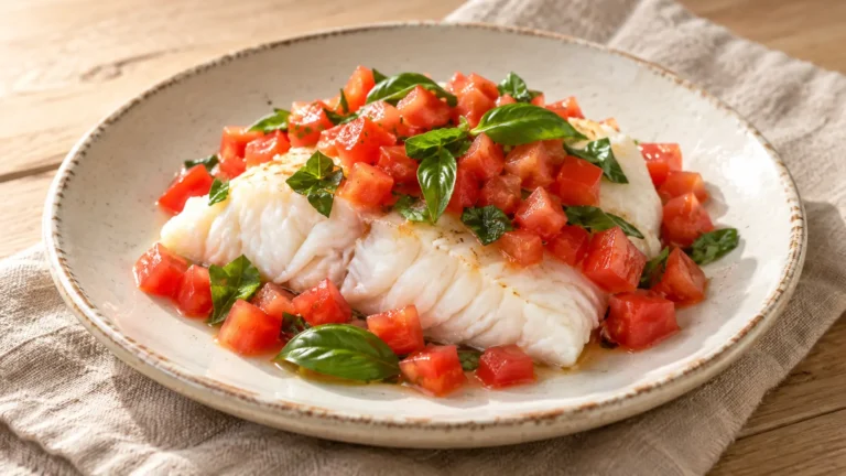 Filetto di merluzzo bianco cotto al vapore con pomodori a cubetti e basilico