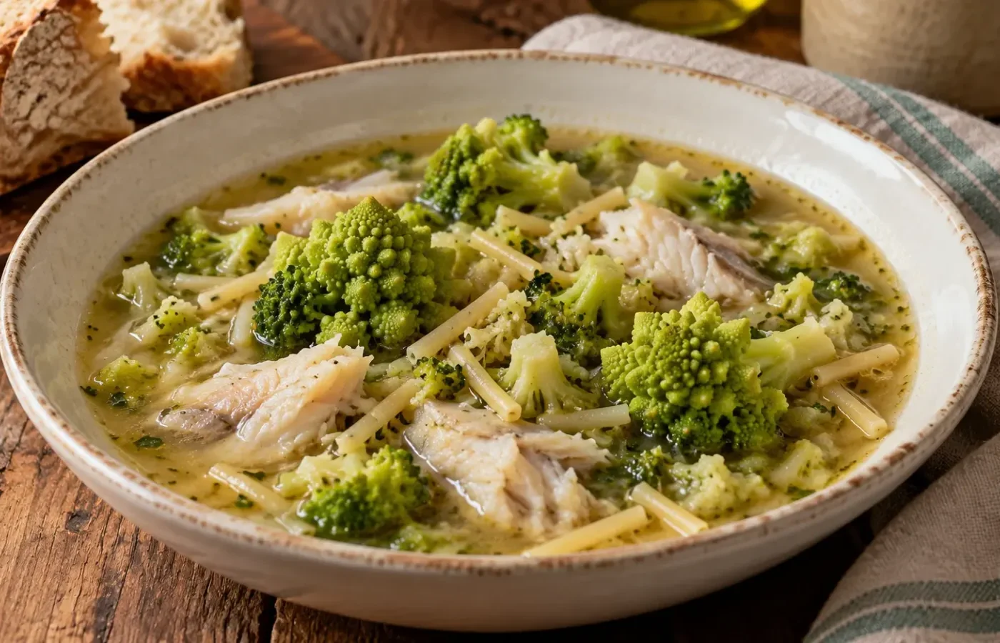 Fondina di minestra romana con cimette di broccolo romanesco, spaghetti spezzati e polpa di arzilla nel brodo al pomodoro