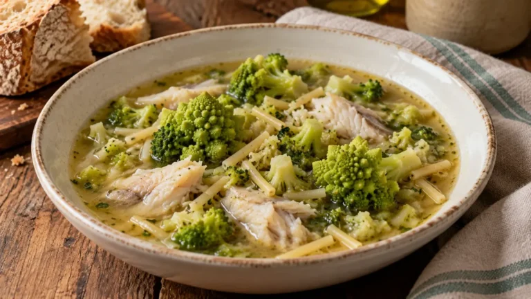 Fondina di minestra romana con cimette di broccolo romanesco, spaghetti spezzati e polpa di arzilla nel brodo al pomodoro