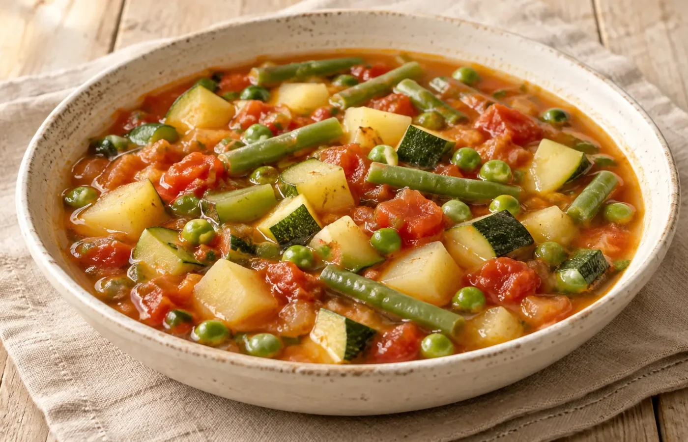 Minestrone con patate zucchine piselli fagiolini e pomodoro, verdure intere