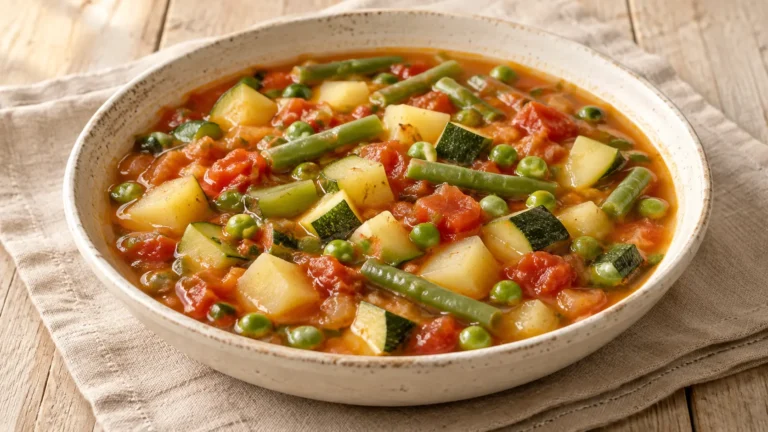Minestrone con patate zucchine piselli fagiolini e pomodoro, verdure intere