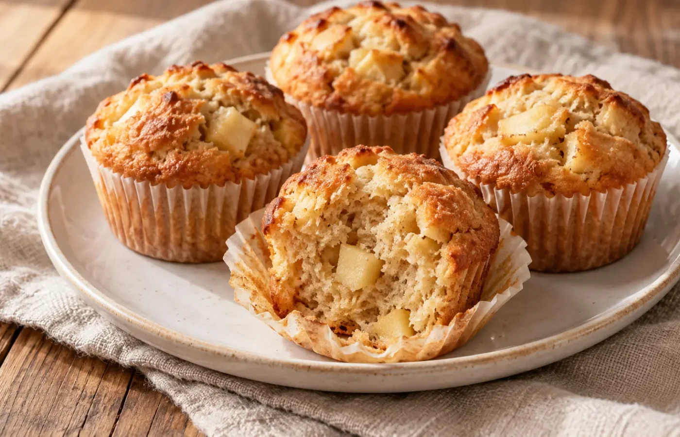 muffin alle mele in pirottini chiari, uno aperto con piccoli pezzi di mela, niente decorazioni