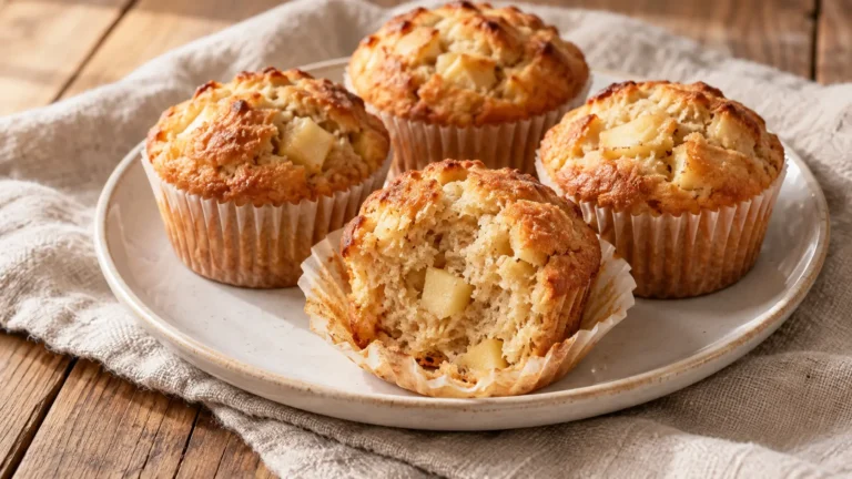 muffin alle mele in pirottini chiari, uno aperto con piccoli pezzi di mela, niente decorazioni