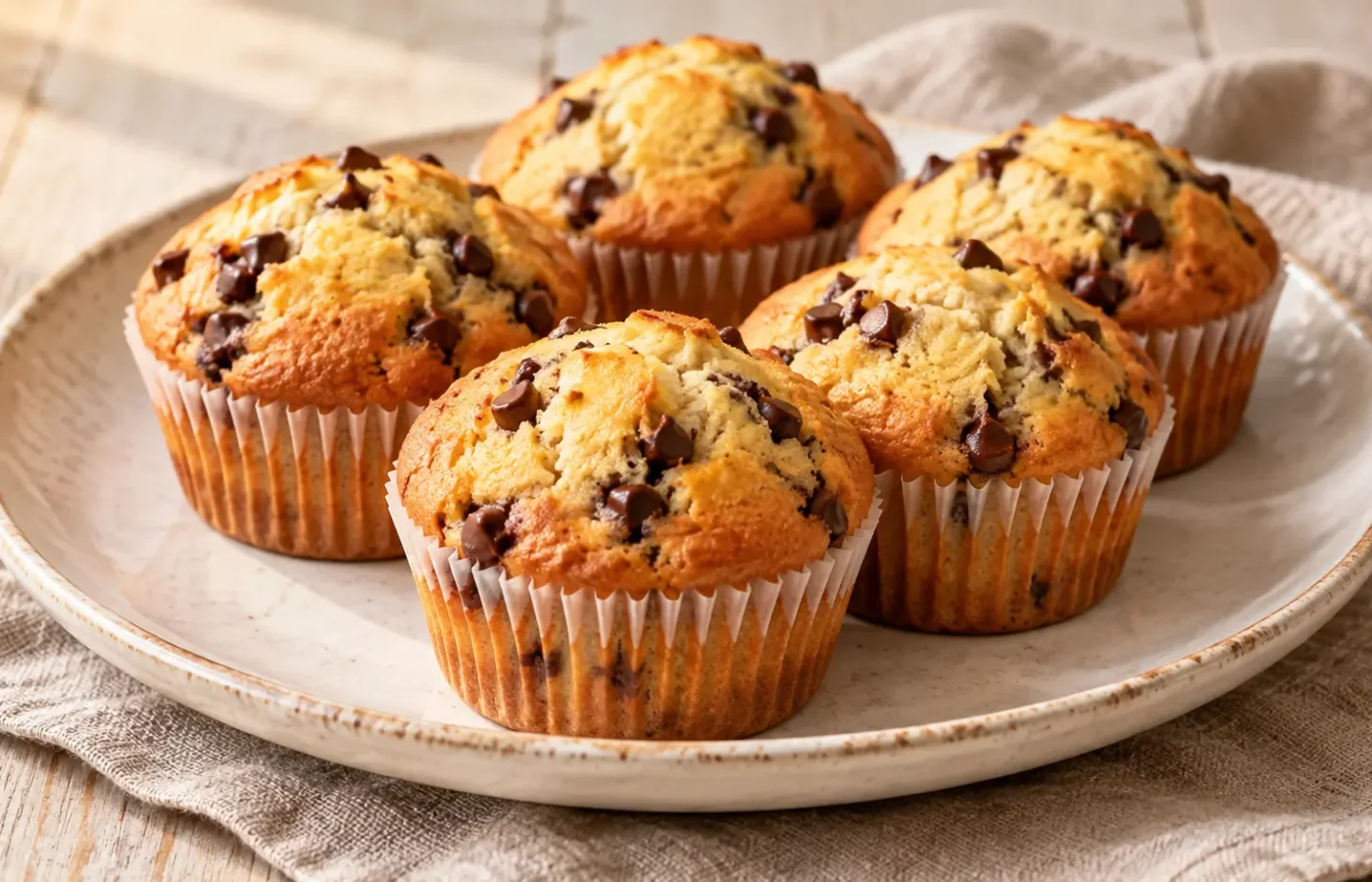 Muffin dorati con gocce di cioccolato in pirottini, senza glassa