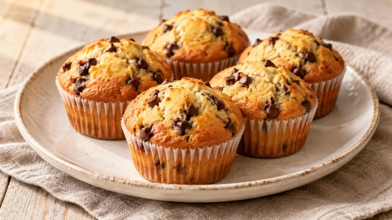Muffin dorati con gocce di cioccolato in pirottini, senza glassa