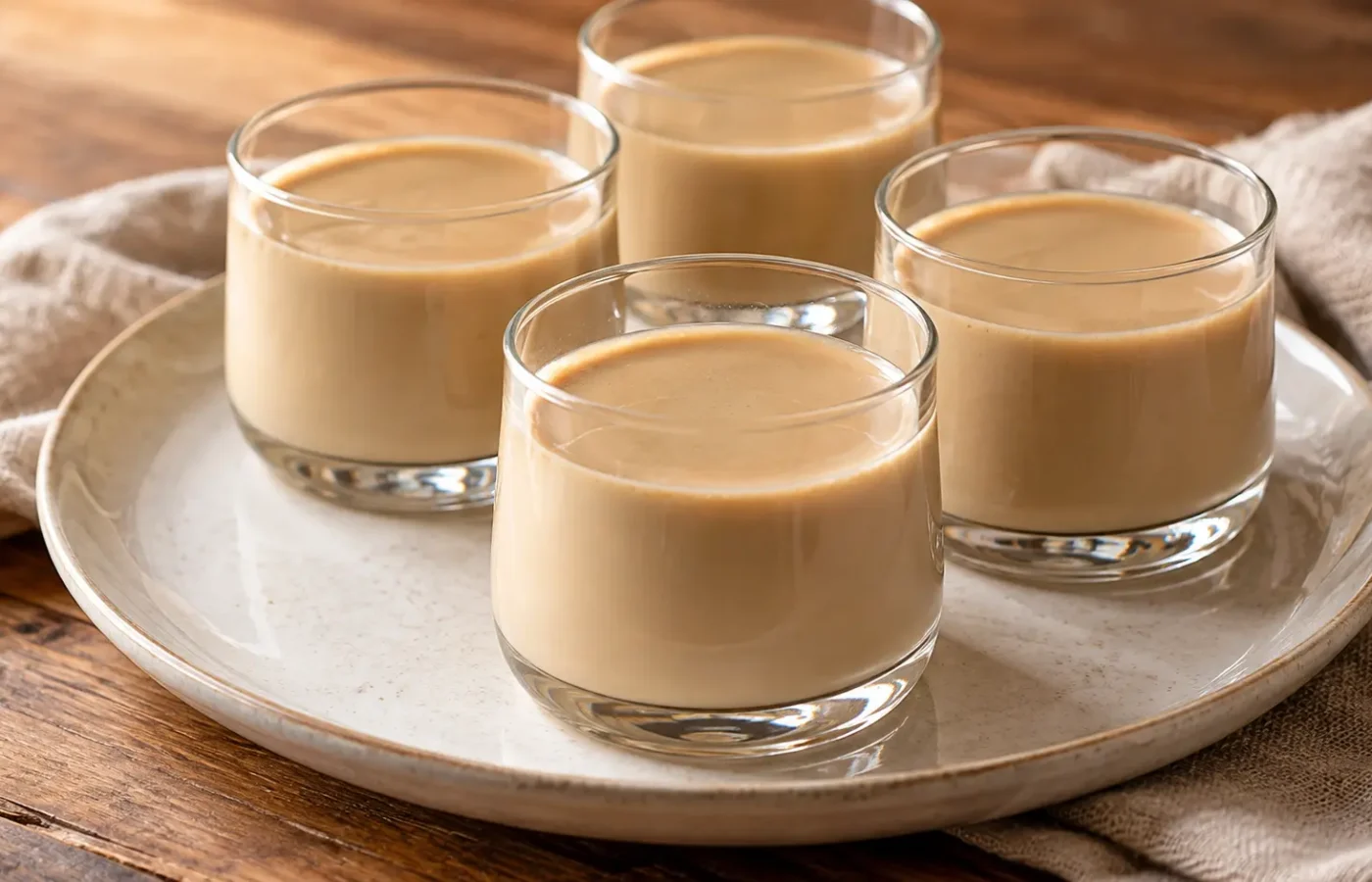 panna cotta al caffè color beige in piccoli bicchieri, senza chicchi, salsa o guarnizioni