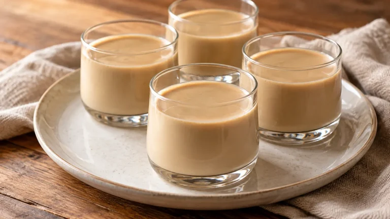 panna cotta al caffè color beige in piccoli bicchieri, senza chicchi, salsa o guarnizioni