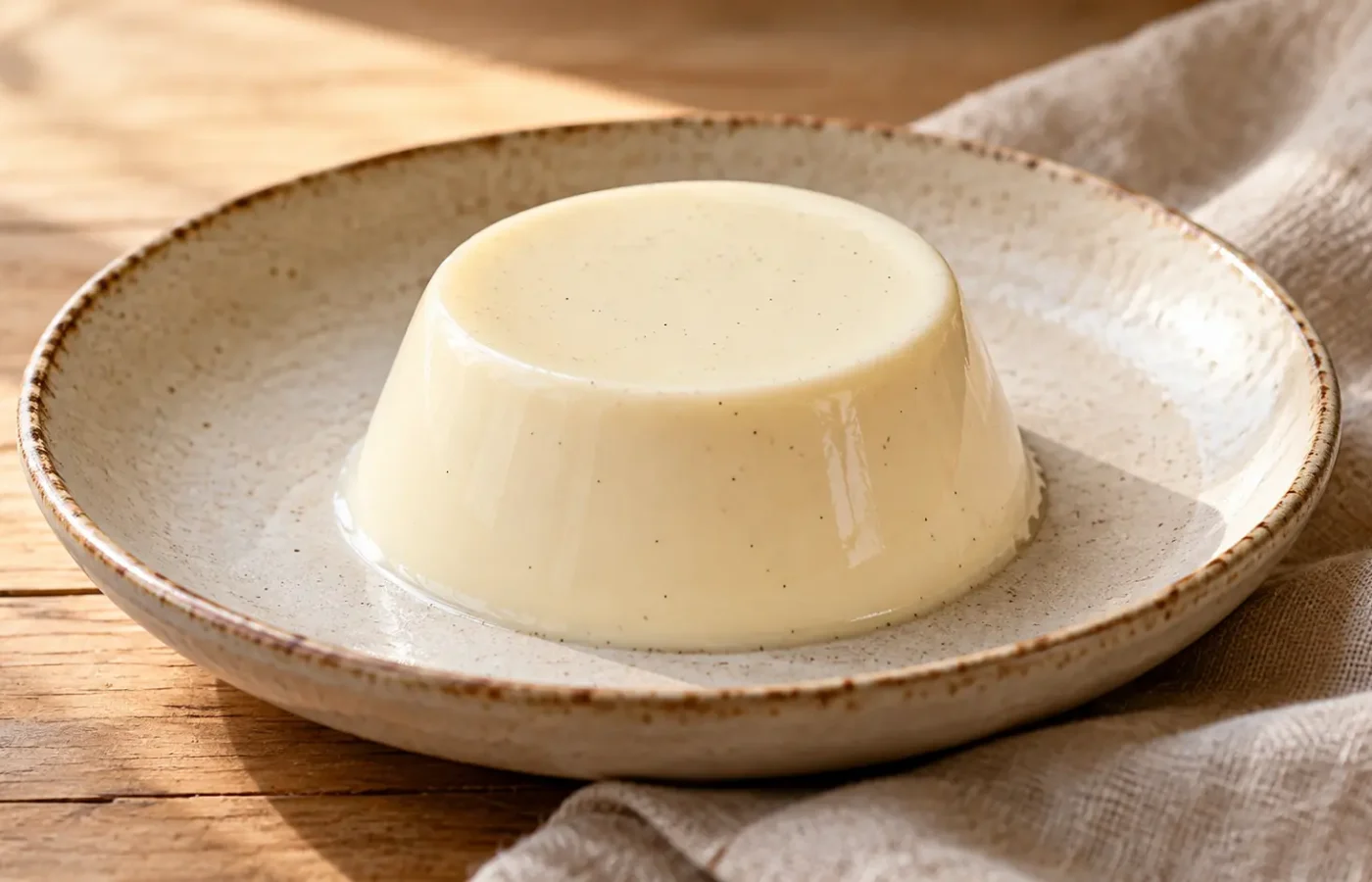Panna cotta bianca alla vaniglia sformata in piccolo piatto, liscia, senza frutta o salsa