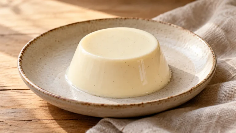 Panna cotta bianca alla vaniglia sformata in piccolo piatto, liscia, senza frutta o salsa