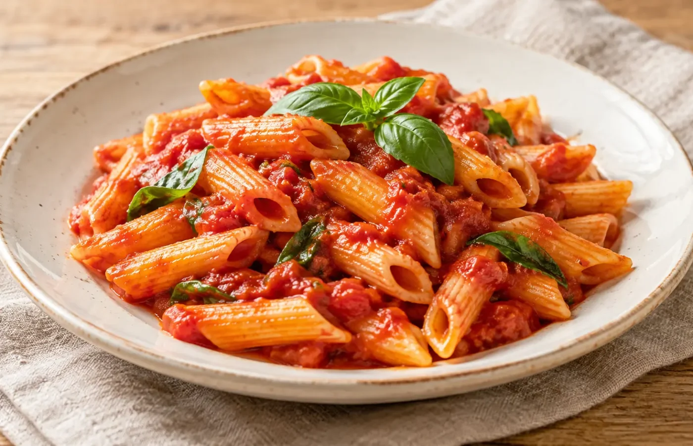 Pasta corta con sugo rosso di pomodoro e basilico