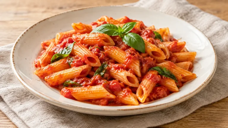 Pasta corta con sugo rosso di pomodoro e basilico