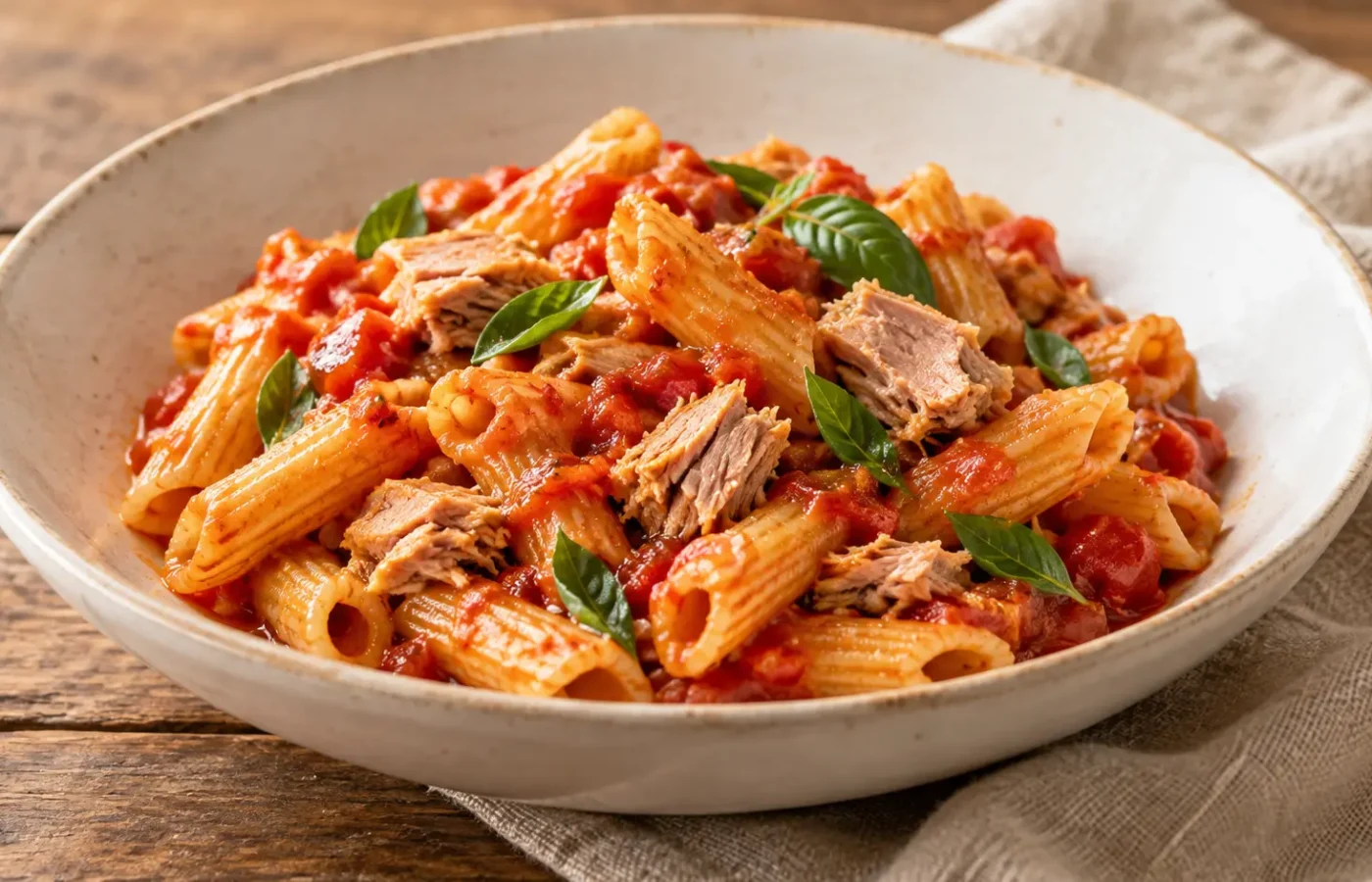 pasta corta con sugo rosso di pomodoro, pezzi di tonno e piccole foglie di basilico