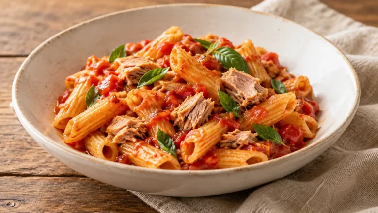 pasta corta con sugo rosso di pomodoro, pezzi di tonno e piccole foglie di basilico