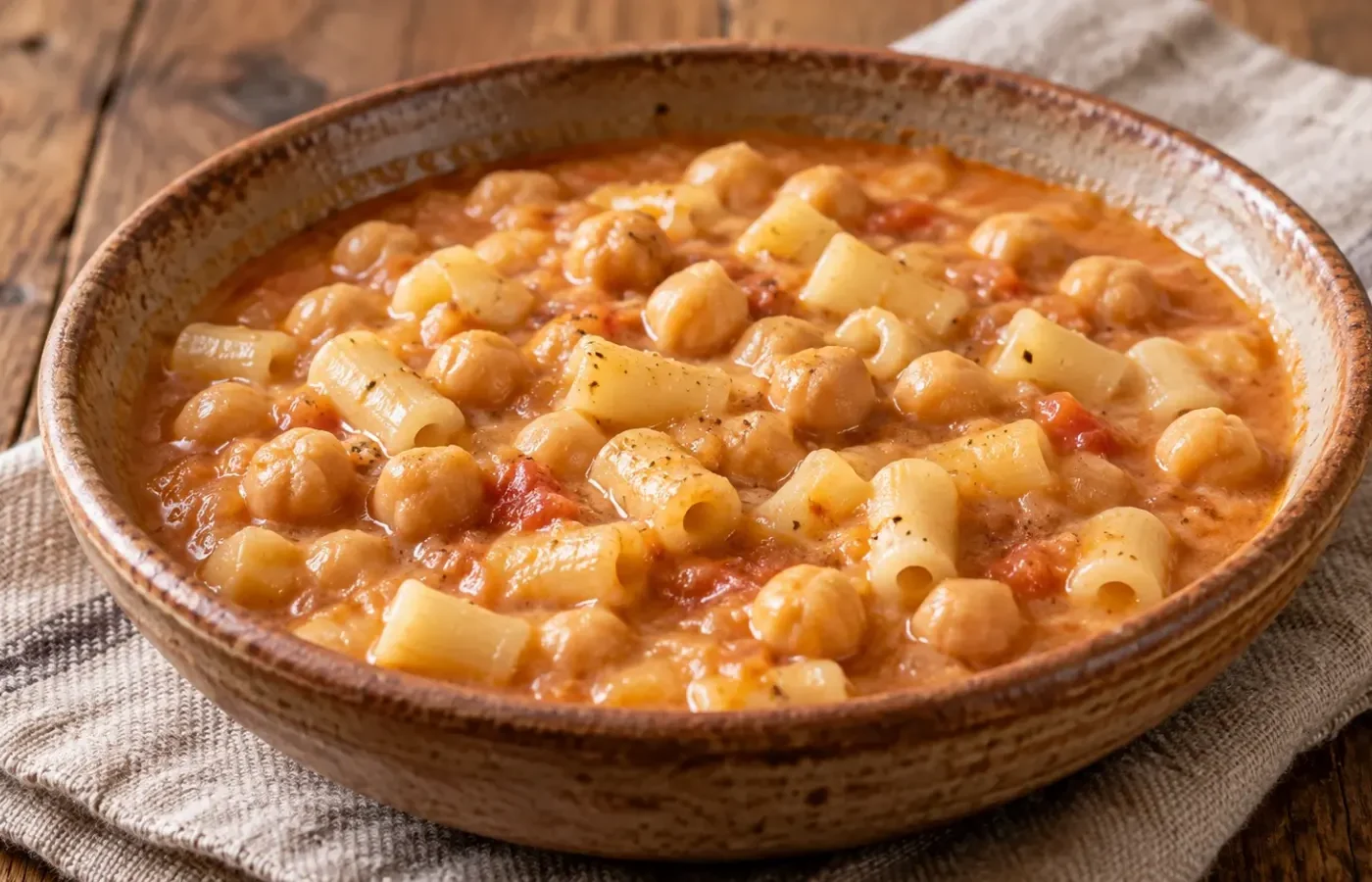 Fondina di pasta e ceci alla romana con ceci interi, pasta corta e brodo cremoso leggermente rosato