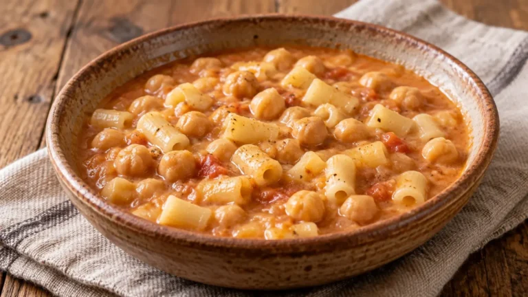 Fondina di pasta e ceci alla romana con ceci interi, pasta corta e brodo cremoso leggermente rosato