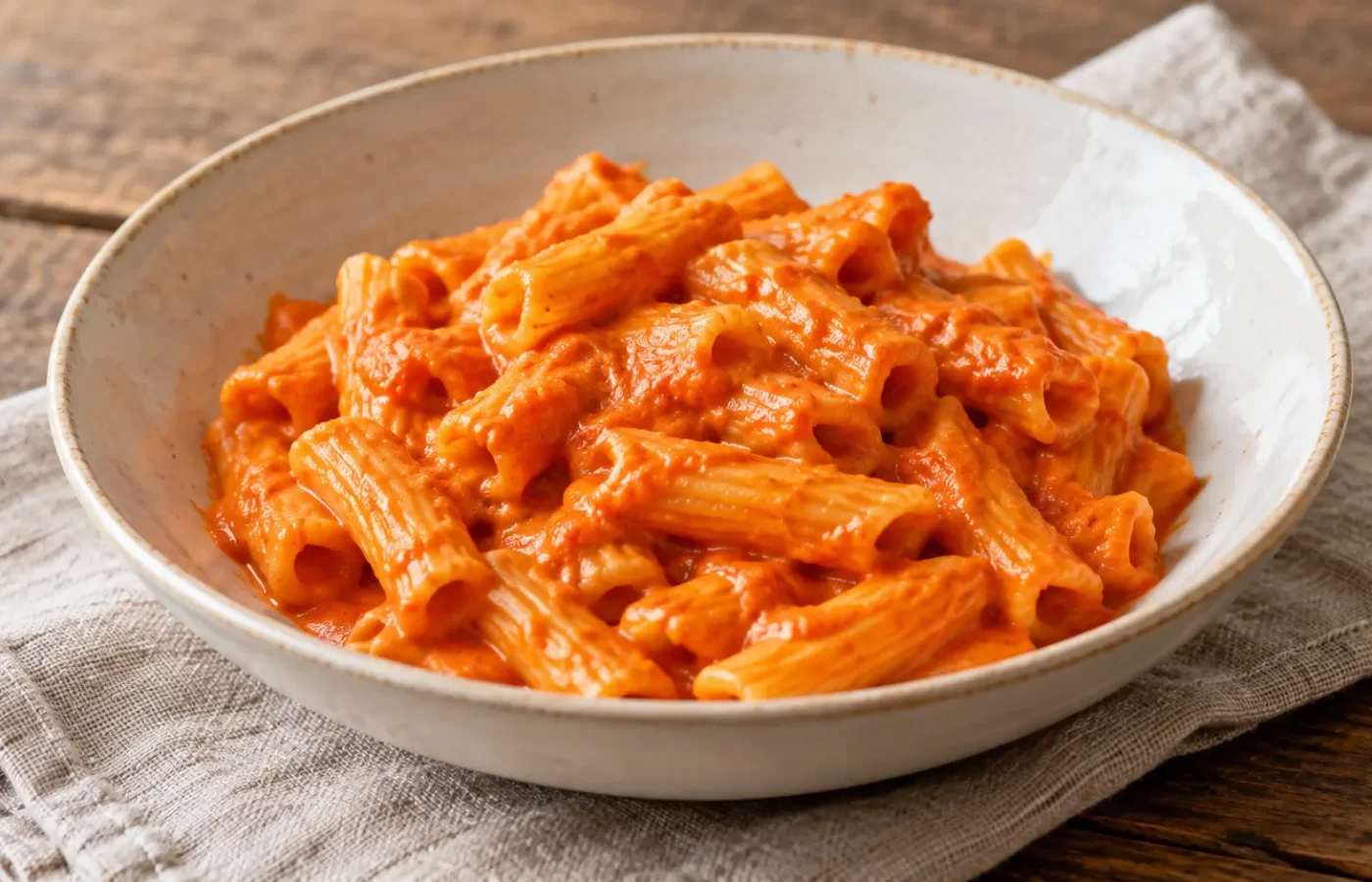 pasta corta con crema rossa aranciata di peperoni senza guarnizioni