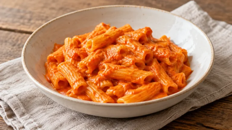 pasta corta con crema rossa aranciata di peperoni senza guarnizioni