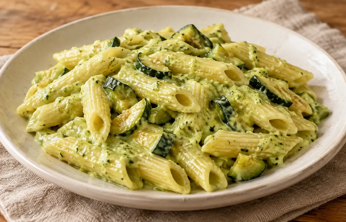 Pasta corta ricoperta di crema verde chiaro di zucchine