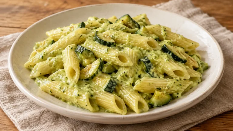 Pasta corta ricoperta di crema verde chiaro di zucchine