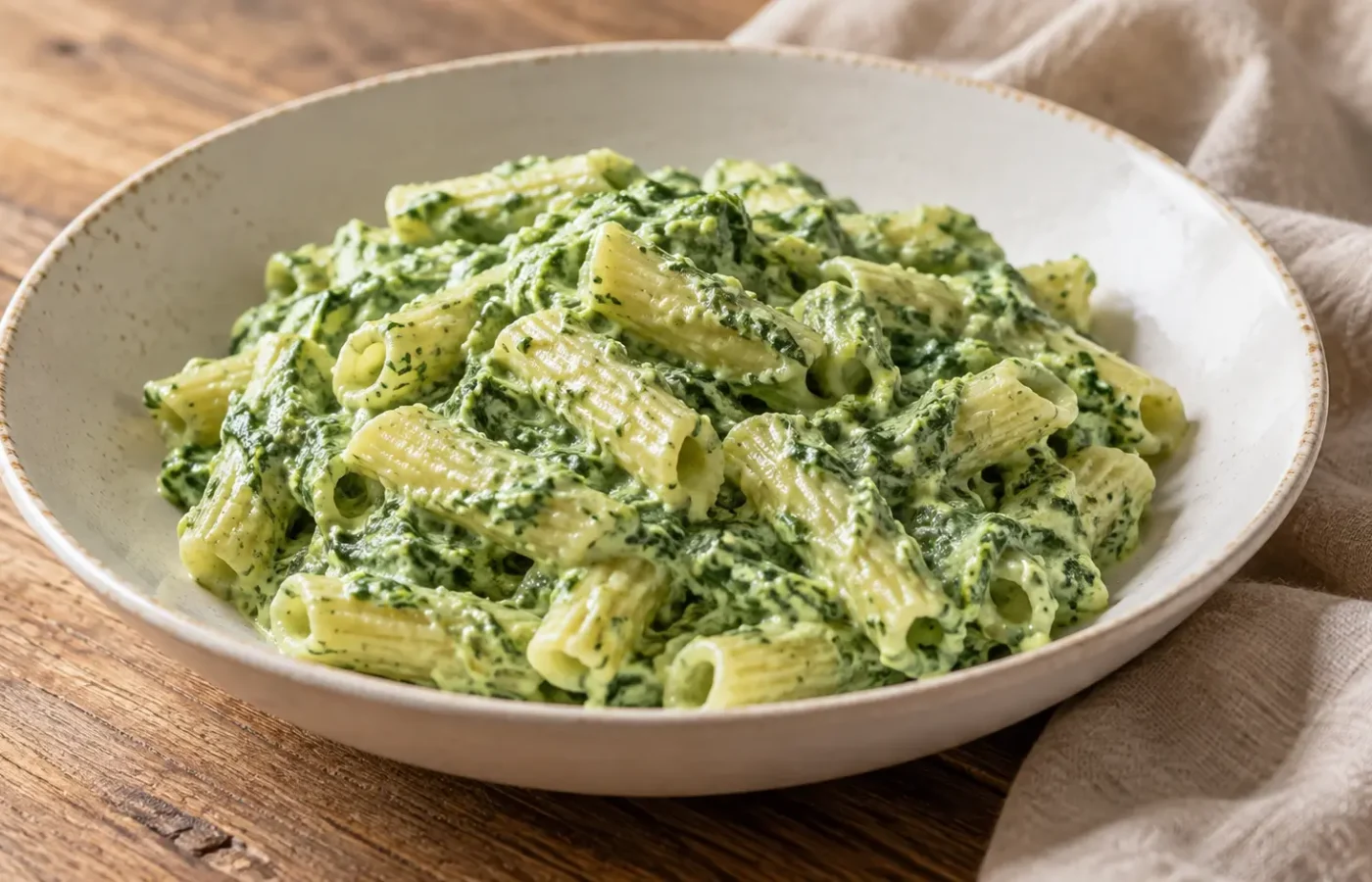 pasta corta con crema verde chiara di ricotta e spinaci, senza guarnizioni