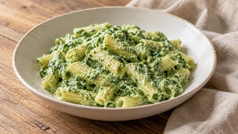 pasta corta con crema verde chiara di ricotta e spinaci, senza guarnizioni