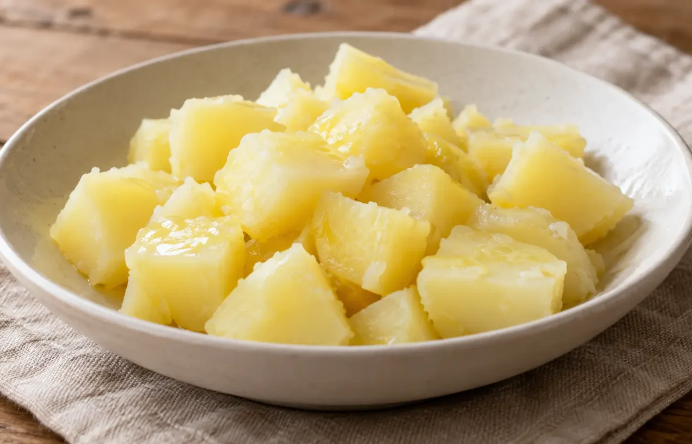 cubetti di patate al vapore pallidi e morbidi, con poco olio, senza rosolatura