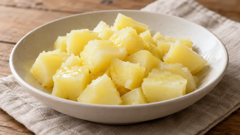 cubetti di patate al vapore pallidi e morbidi, con poco olio, senza rosolatura
