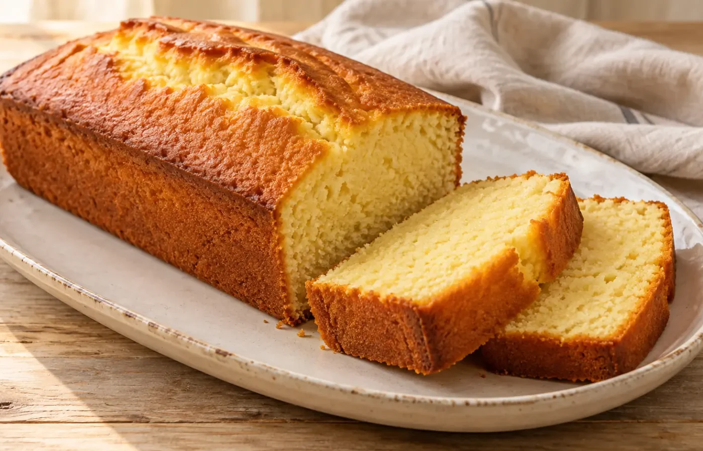 Plumcake allo yogurt rettangolare dorato con due fette, senza glassa