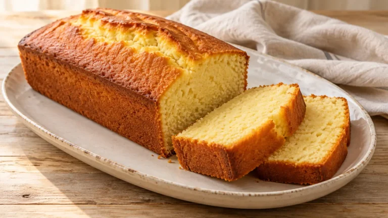 Plumcake allo yogurt rettangolare dorato con due fette, senza glassa