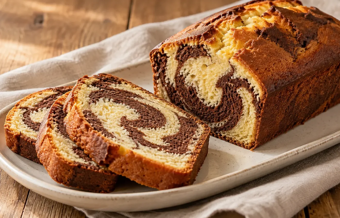 plumcake marmorizzato con fette tagliate che mostrano spirali chiare e al cacao, senza copertura