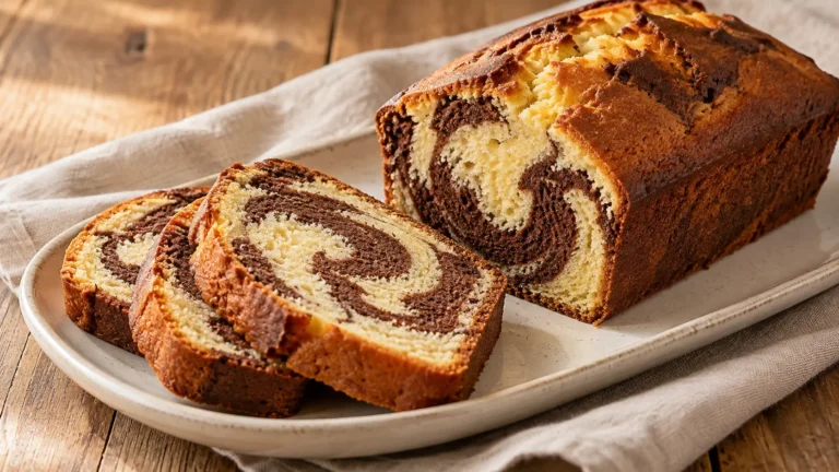 plumcake marmorizzato con fette tagliate che mostrano spirali chiare e al cacao, senza copertura