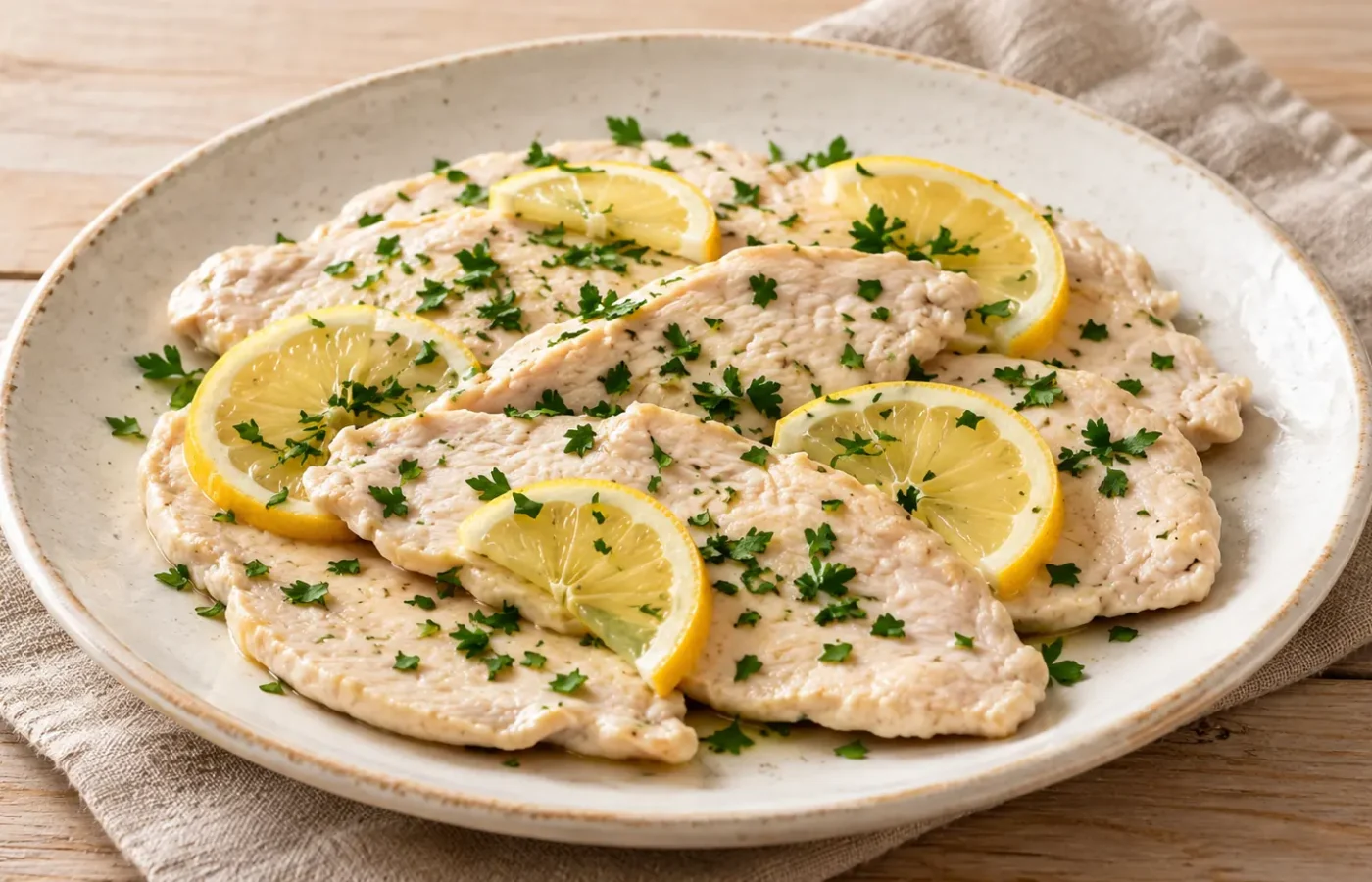 Fettine di pollo chiare cotte al vapore con limone e prezzemolo