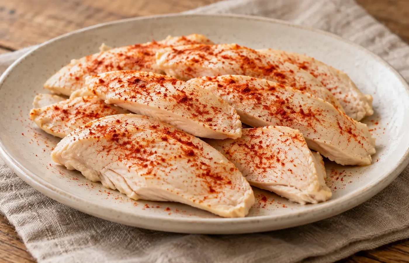 fettine di pollo cotte al vapore, pallide e morbide, spolverate di paprika rossa; senza crosta o segni di griglia