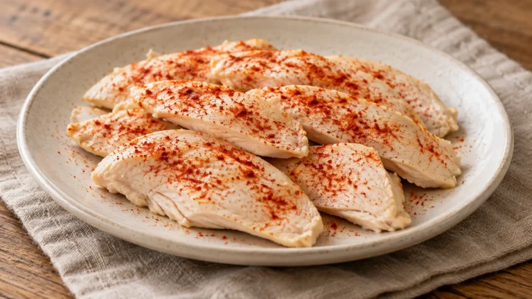 fettine di pollo cotte al vapore, pallide e morbide, spolverate di paprika rossa; senza crosta o segni di griglia