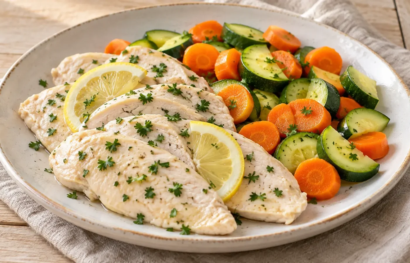 Fettine di pollo chiare cotte al vapore con limone e prezzemolo accompagnate da carote e zucchine