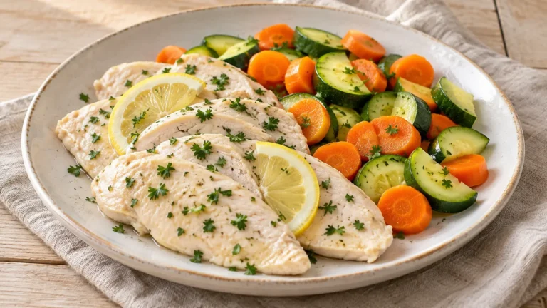 Fettine di pollo chiare cotte al vapore con limone e prezzemolo accompagnate da carote e zucchine
