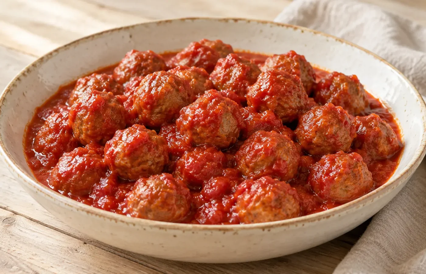 Polpette piccole di manzo completamente cotte, coperte di sugo rosso