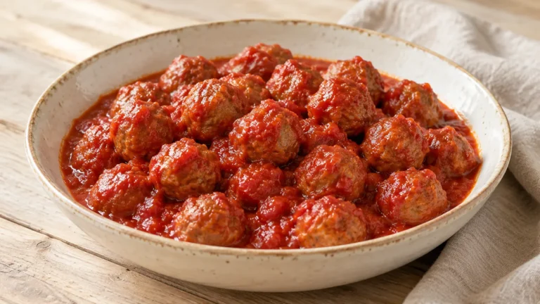 Polpette piccole di manzo completamente cotte, coperte di sugo rosso