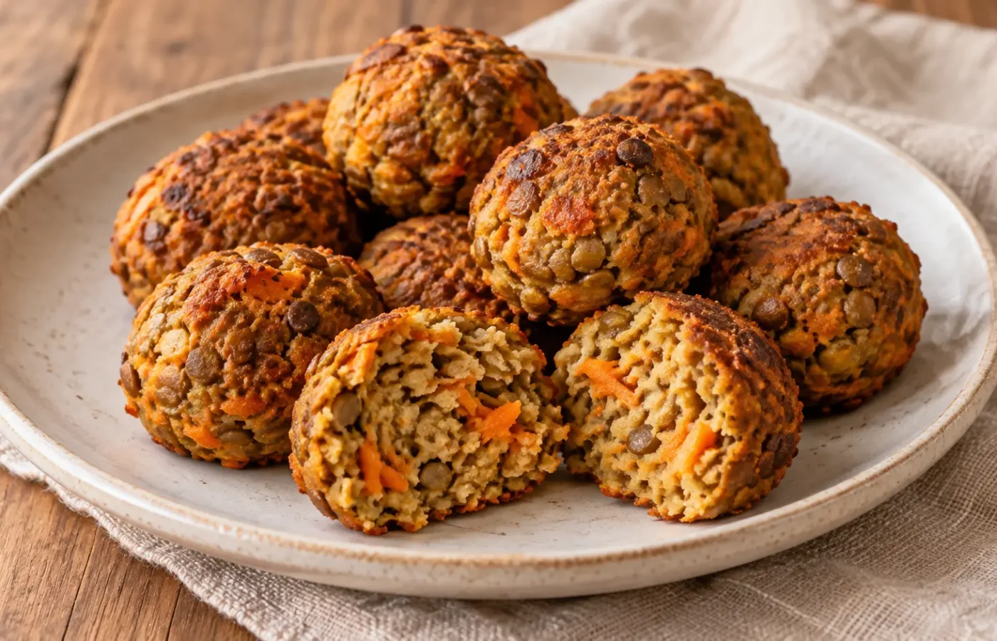 polpette al forno di lenticchie e carote, con piccoli frammenti arancioni nella sezione