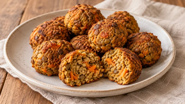 polpette al forno di lenticchie e carote, con piccoli frammenti arancioni nella sezione