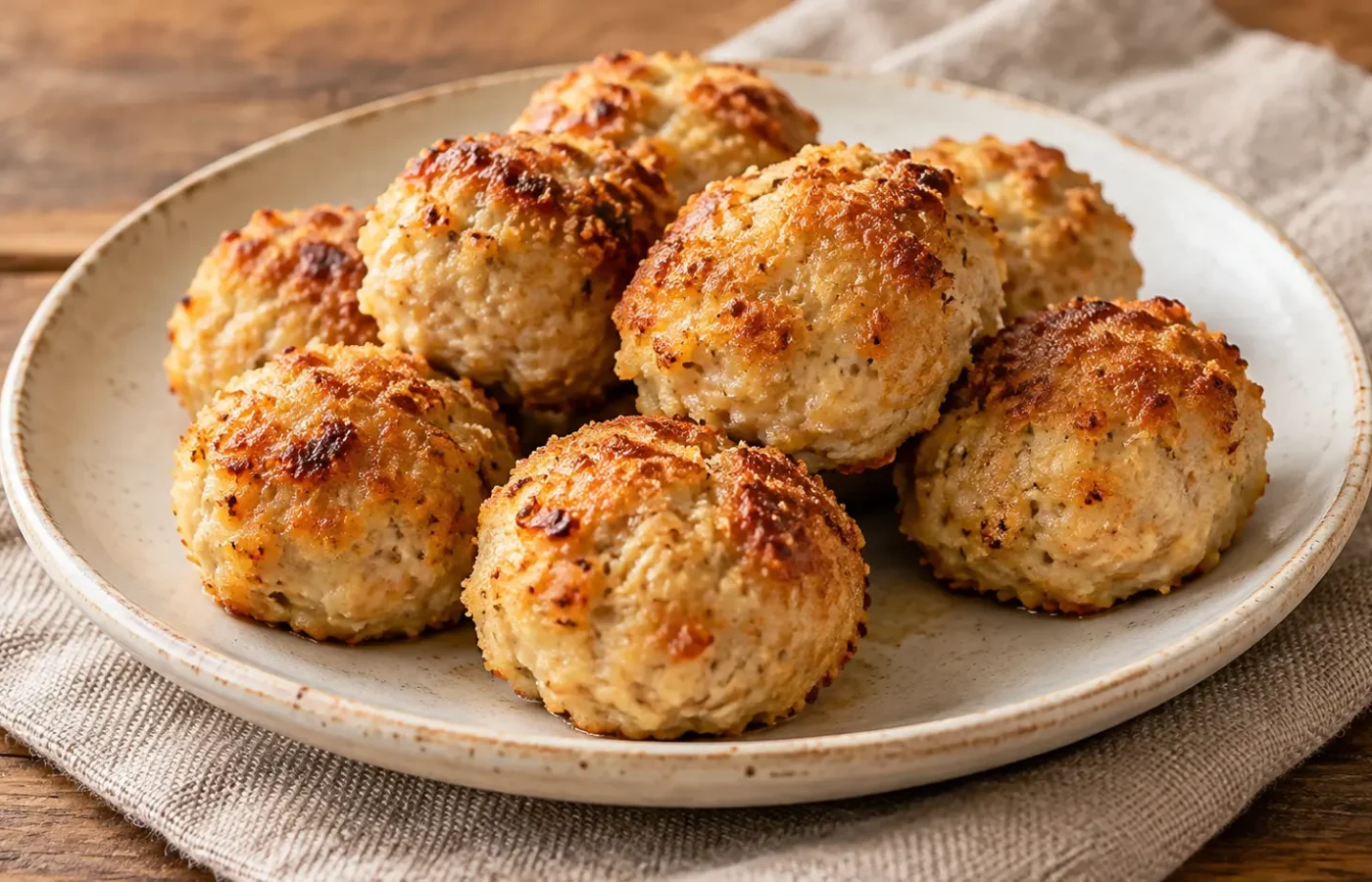 polpette di pollo al forno rotonde, lievemente dorate con impanatura sottile