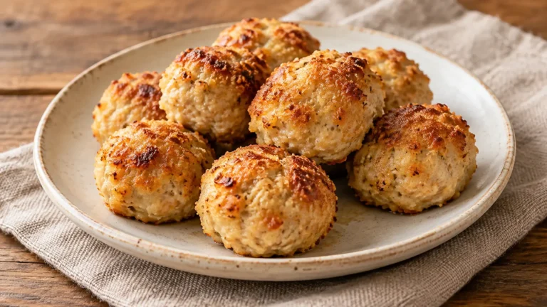 polpette di pollo al forno rotonde, lievemente dorate con impanatura sottile